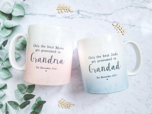 grandparent pregnancy announcement gifts, grandparents to be mug set, only the best parents get promoted, new grandad gift, new grandma mug