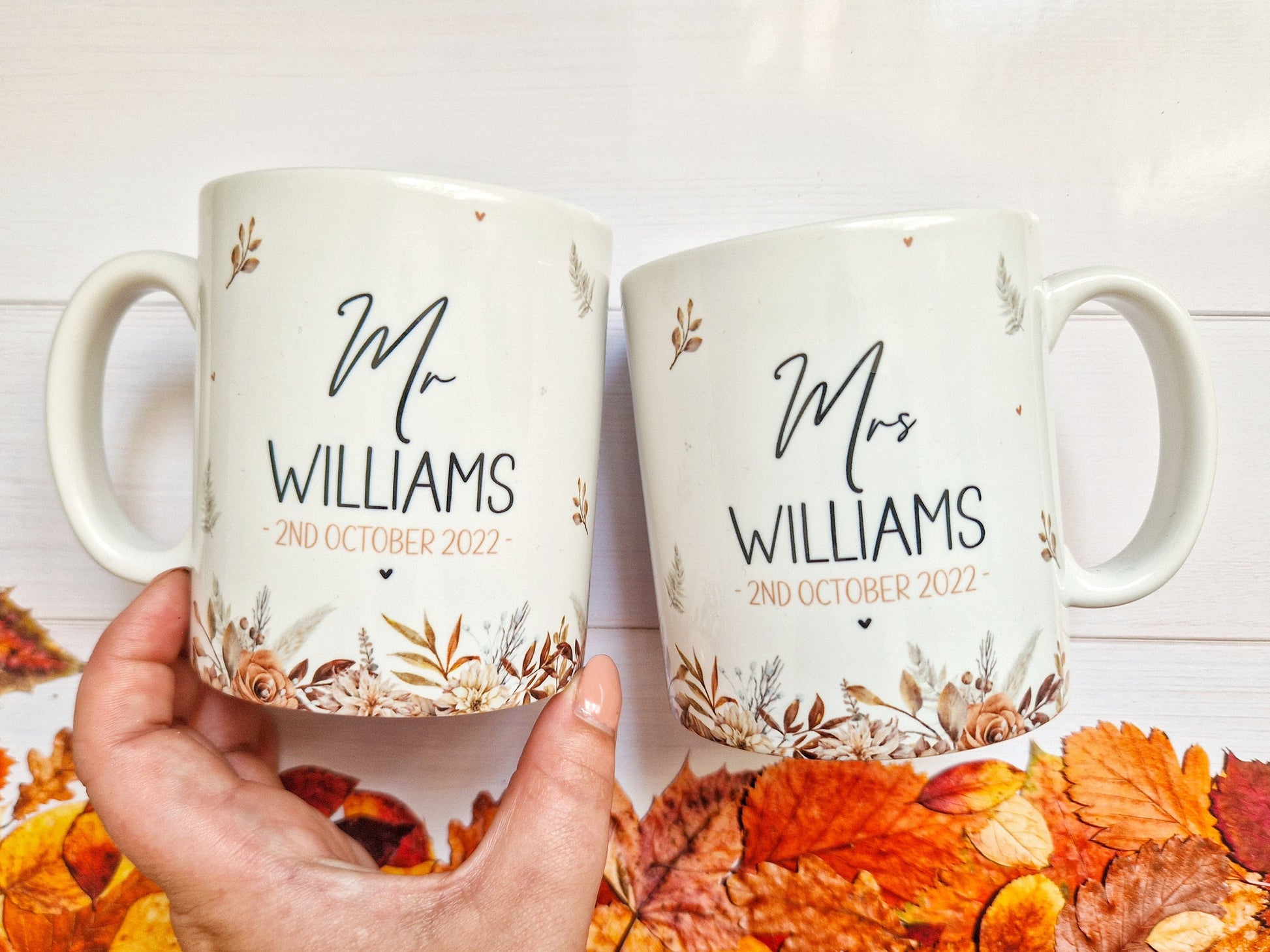 Autumn Wedding Gift, personalised wedding mugs, bride and groom mugs, mr and mrs wedding sets, wedding gift for friends,