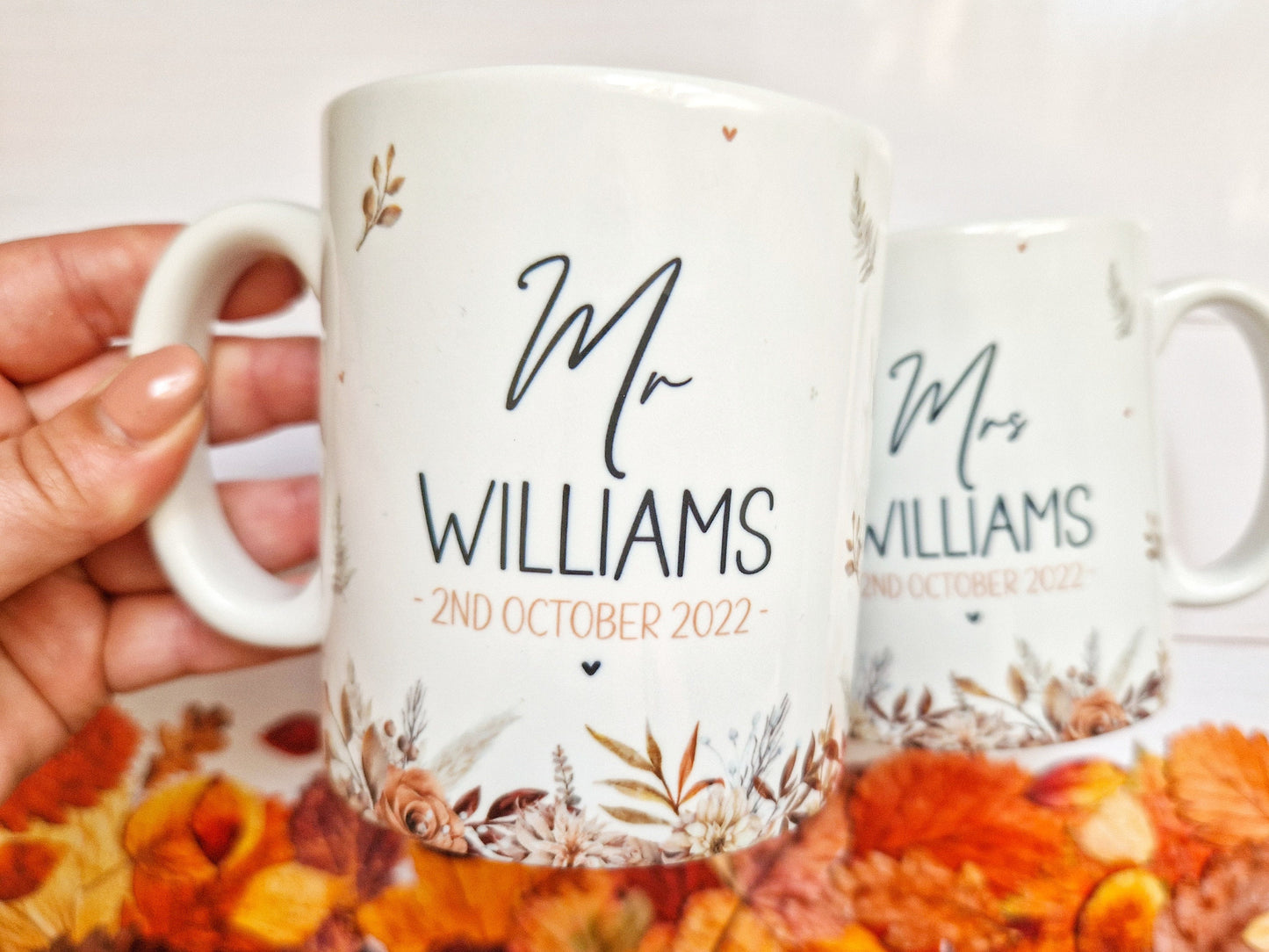 Autumn Wedding Gift, personalised wedding mugs, bride and groom mugs, mr and mrs wedding sets, wedding gift for friends,