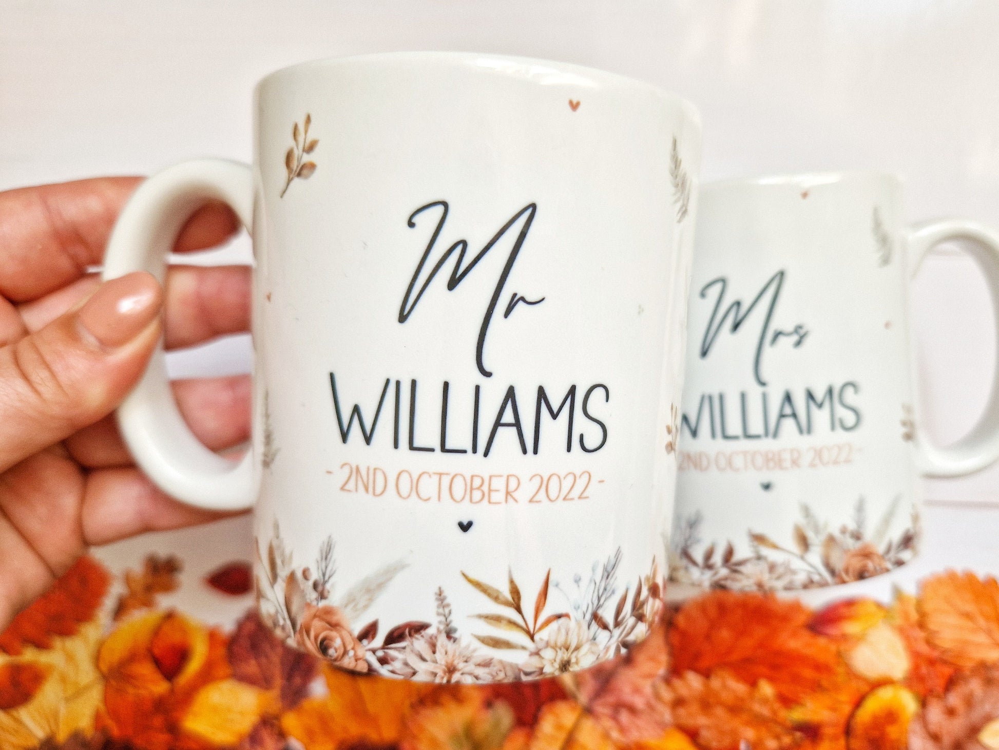 Autumn Wedding Gift, personalised wedding mugs, bride and groom mugs, mr and mrs wedding sets, wedding gift for friends,