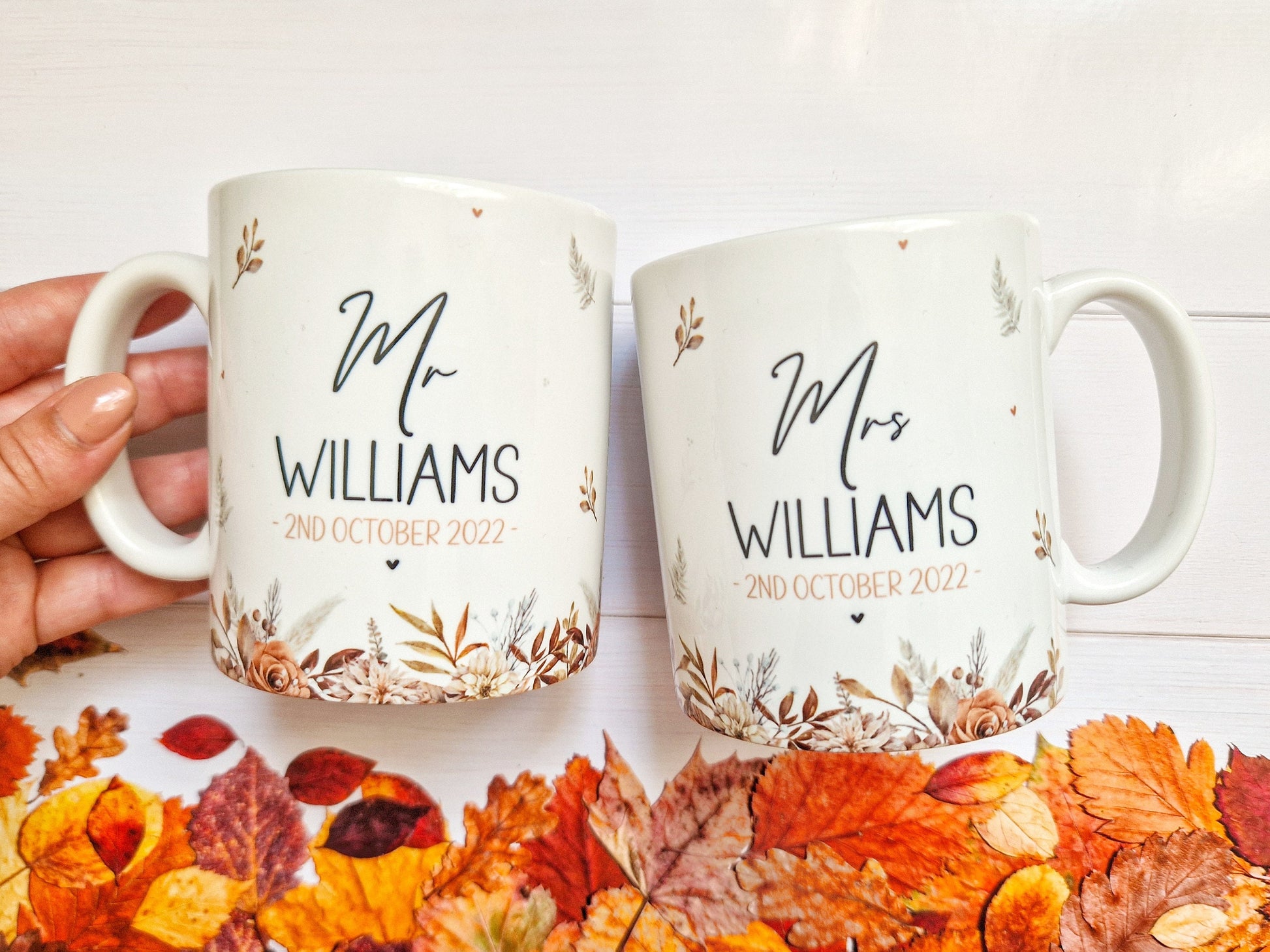 Autumn Wedding Gift, personalised wedding mugs, bride and groom mugs, mr and mrs wedding sets, wedding gift for friends,