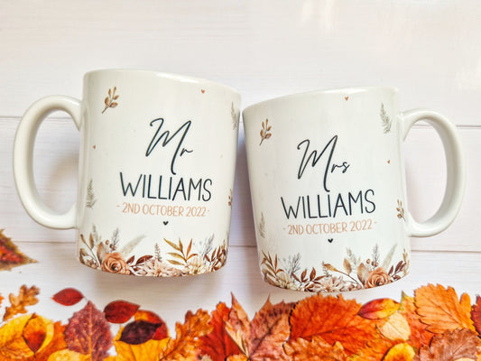 Autumn Wedding Gift, personalised wedding mugs, bride and groom mugs, mr and mrs wedding sets, wedding gift for friends,