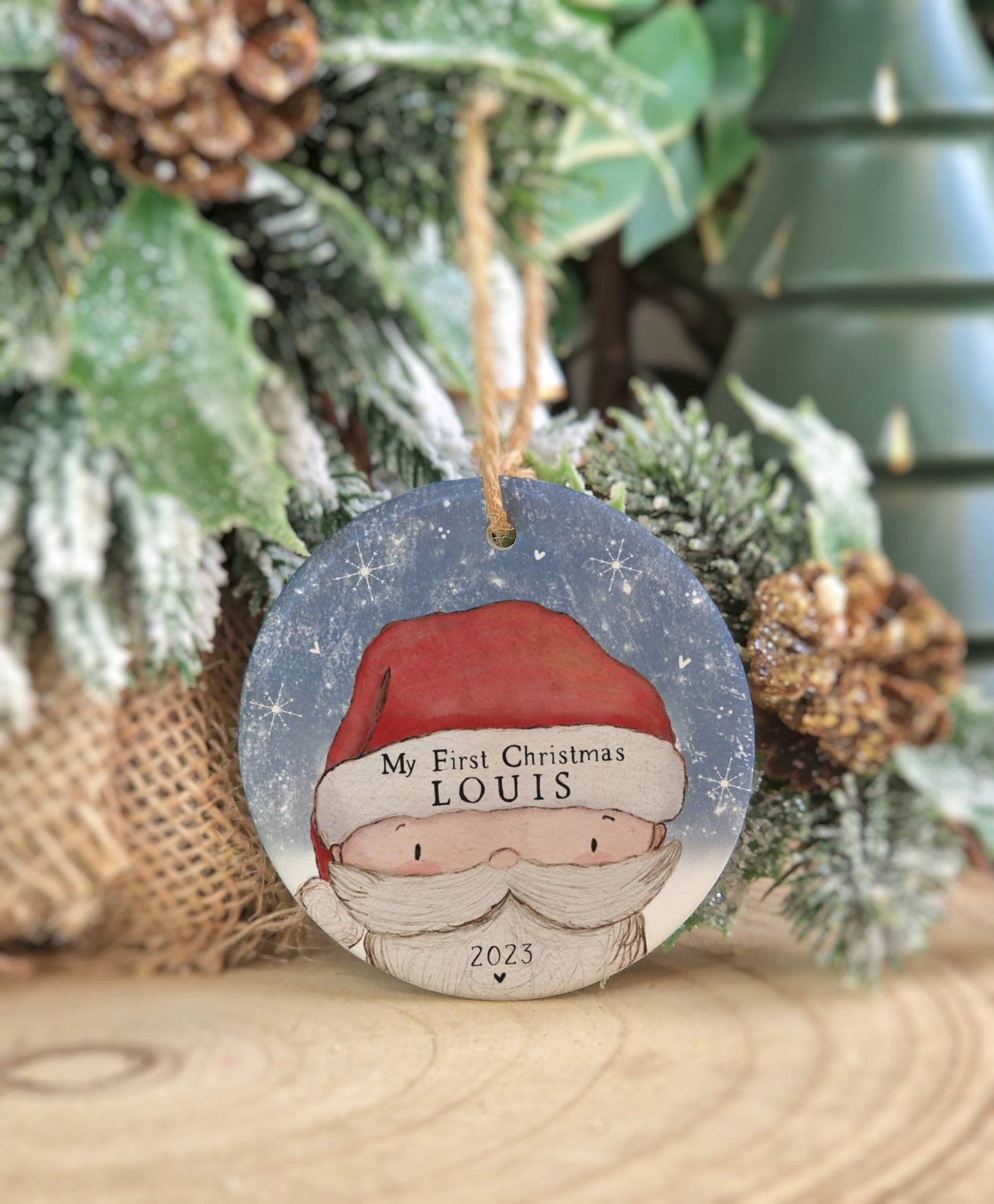 personalised baby's first christmas hanging tree decoration, 1st christmas baby ornament, santa name keepsake, ceramic stocking tag, UK made