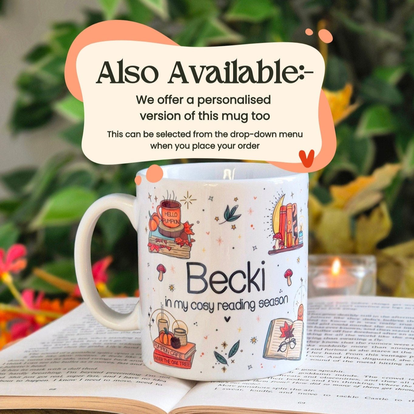 Image shows a personalised version of the cosy reading mug