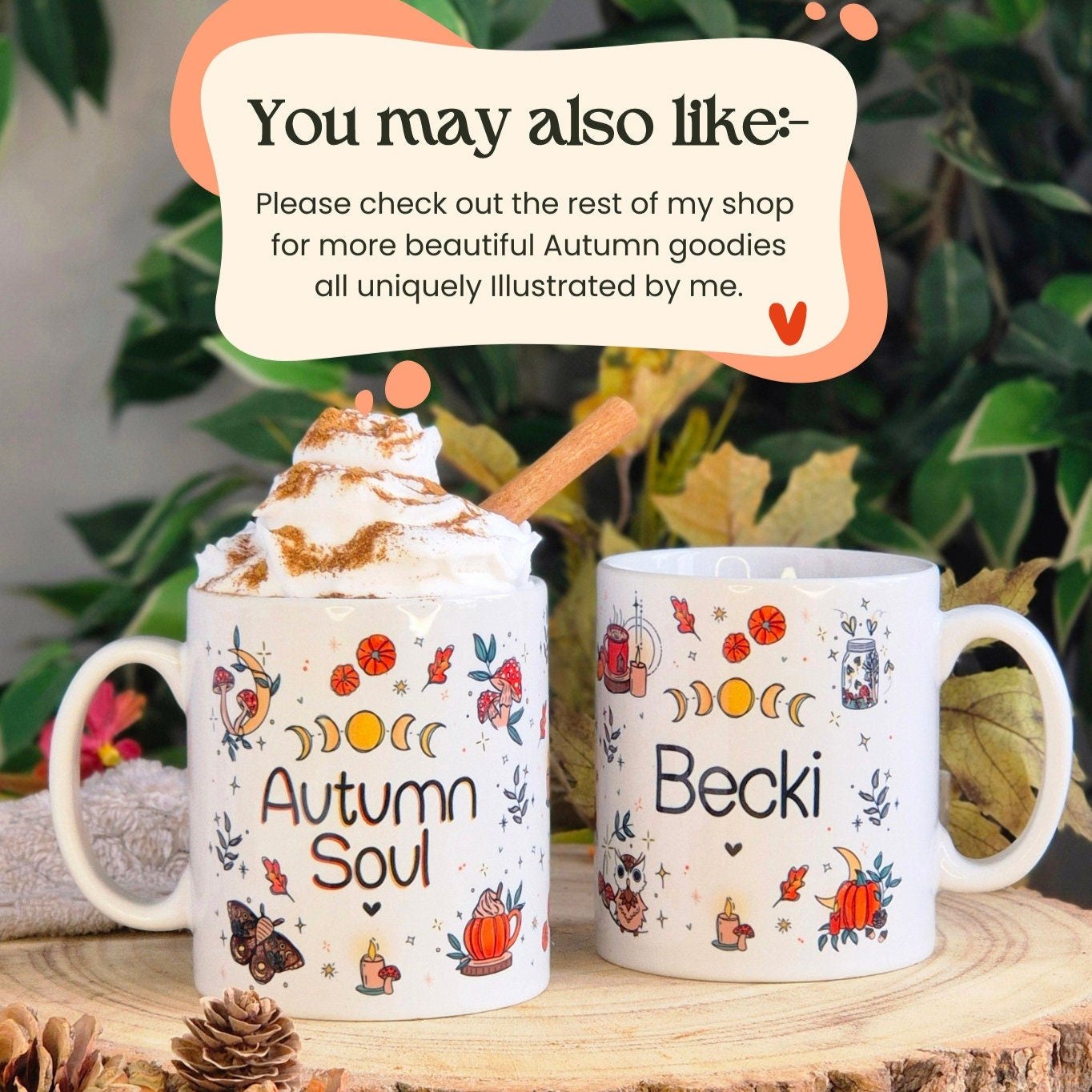 Image shows other available Autumn mugs in Becki's shop. The mugs shown have the quote "autumn soul" written on them, surrounded by Autumnal illustrations like mushrooms, pumpkins, moths and celestial features. 