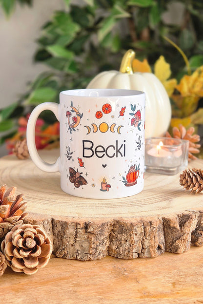 Personalised Autumn Mug, autumn home decorations, cute ceramic mug, fall decor, custom coffee mug, gifts for her, autumnal kitchen, pumpkins